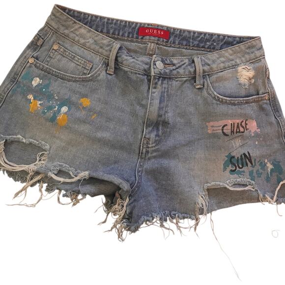 Guess Denim Distressed Cutoff Shorts, Grafitti, Size 29 - Picture 1 of 4